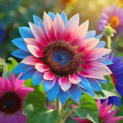 Blue Pink Rare Twin Blossom Over Sunflower